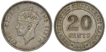 Британская Малайя 20 центов 1948 Георг VI (1937-1952) KM 9 медно-никель 4163-512