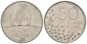 Финляндия 50 пенни 1991 M, полярный медведь KM 66 медно-никель 218-1127