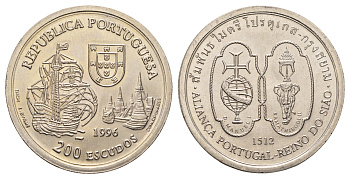 Португалия 200 эскудо 1996 Альянс Португалии и Сиама 1512 года KM 689 медно-никель UNC 74-935