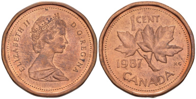 Канада 1 цент 1987 Елизавета II (1952-2022), кленовый лист KM 132 бронза 54-657