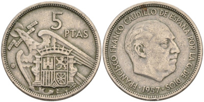 Испания 5 песет 1957 (58) Франсиско Франко (1939-1975) KM 786 медно-никель 4573-931