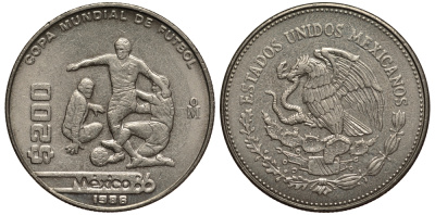 Мексика 200 песо 1986 чемпионат мира по футболу в Мексике в 1986 году, матч KM 525 медно-никель 215-942