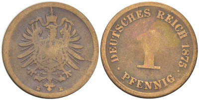 ГЕРМАНИЯ 1 ПФЕННИГ 1875 E, СТАРОГЕРБОВКА KM 1, J. 1, Weege 1 медь 206-1034