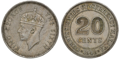 Британская Малайя 20 центов 1948 Георг VI (1937-1952) KM 9 медно-никель 4163-512