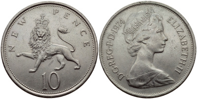 Великобритания 10 пенсов 1974 Елизавета II (1952-2022) KM 912, Spink 4231 (F1) медно-никель 51-2914