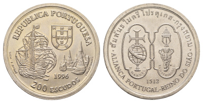 Португалия 200 эскудо 1996 Альянс Португалии и Сиама 1512 года KM 689 медно-никель UNC 74-935