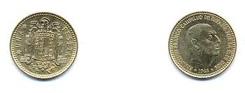 ИСПАНИЯ 1 ПЕСЕТА 1966 (73) ХУАН КАРЛОС I (1975-) KM 796 алюминиевая бронза 54-665