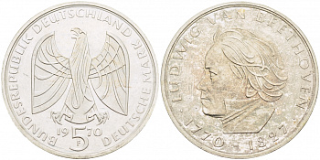 ФРГ 5 марок 1970 F. 200 лет со дня рождения Людвига ван Бетховена KM 127, J. 408 серебро PROOF 1087-2-75