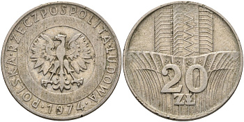 Польша 20 злотых 1974 монетный двор Кремница KM 67, Parchimowicz 245b медно-никель 75-344