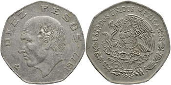 МЕКСИКА 10 ПЕСО 1977 МАНУЭЛЬ ХИДАЛЬГО КАСТИЛЬЯ KM 477.1 медно-никель 114-546