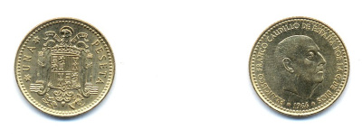 ИСПАНИЯ 1 ПЕСЕТА 1966 (73) ХУАН КАРЛОС I (1975-) KM 796 алюминиевая бронза 54-665