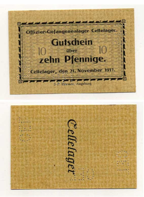 Германия 10 пфеннигов 1917 Ганновер, Целле, лагерь военнопленных офицеров, перфорация CEL C-2795 бумага UNC (пресс) 504-30-3-1