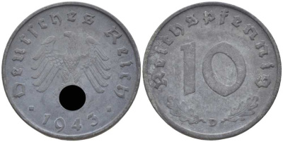 ГЕРМАНИЯ 10 РЕЙХСПФЕННИГОВ 1943 D KM 101, J. 371 цинк 4401-547