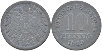 ГЕРМАНИЯ 10 ПФЕННИГОВ 1919 KM 26, J. 299 цинк 175-233