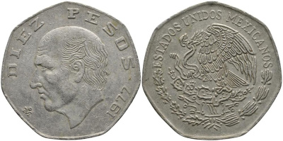 МЕКСИКА 10 ПЕСО 1977 МАНУЭЛЬ ХИДАЛЬГО КАСТИЛЬЯ KM 477.1 медно-никель 114-546