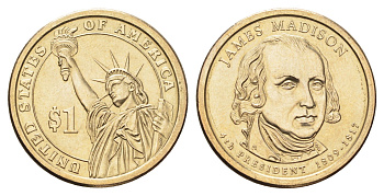 США 1 доллар 2007 P, серия президенты США, Джеймс Мэдисон (1809-1817) KM 404 медь с марганцево-латунным покрытием UNC 210-1015