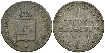 Саксен-Веймар-Эйзенах 1 грош 1840 А, Карл Фридрих Саксен-Веймар-Эйзенахский (1828-1853) KM 86, Jaeger 530, AKS 24 серебро 99-612