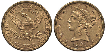 США 5 долларов 1901 голова Свободы KM 101 золото 10-020-58