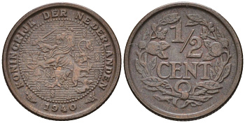 Нидерланды 1/2 цента 1940 Вильгельмина (1890-1948) KM 138 бронза 4588-1044