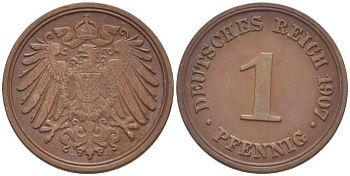 ГЕРМАНИЯ 1 ПФЕННИГ 1907 D KM 10, J. 10, Weege 2 медь 211-361