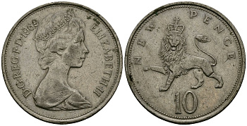 Великобритания 10 пенсов 1969 Елизавета II (1952-2022) KM 912, Spink 4231 (F1) медно-никель 4137-343