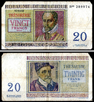 Бельгия 20 франков 1956 Pick 132 b бумага 6300-22-3-2