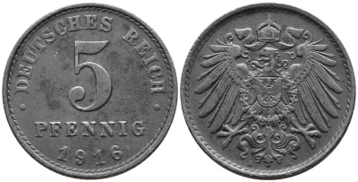 ГЕРМАНИЯ 5 ПФЕННИГОВ 1916 A KM 19, Jager 297, Weege 5 железо 4547-556