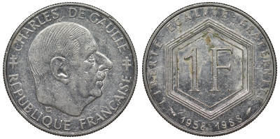 Франция 1 франк 1988 Шарль де Голль KM 963, Le Franc 227.2 никель 4128-411
