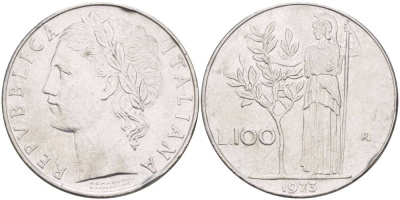 ИТАЛИЯ 100 ЛИР 1973 R, АФИНА У ОЛИВКОВОГО ДЕРЕВА KM 96.1 нержавеющая сталь 4545-646
