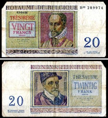 Бельгия 20 франков 1956 Pick 132 b бумага 6300-22-3-2