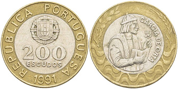 Португалия 200 эскудо 1991 Гарсия Де Орта (1501-1568) KM 655 биметалл 4542-943