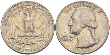 США 25 центов (квотер) 1965 Вашингтон KM 164a медь плакированная медно-никелем 08-944