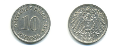 ГЕРМАНИЯ 10 ПФЕННИГОВ 1913 F KM 12, J. 13 медно-никель 4379-867