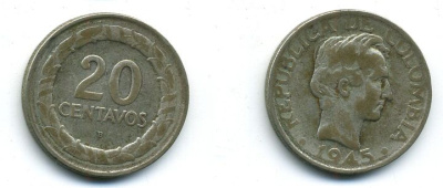 КОЛУМБИЯ 20 СЕНТАВО 1945 серебро 4-244