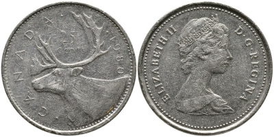 КАНАДА 25 ЦЕНТОВ 1980 ЕЛИЗАВЕТА II (1952-), ОЛЕНЬ, ВТОРОЙ ПОРТРЕТ В КОРОНЕ KM 74 никель 4543-744