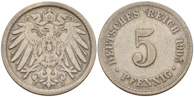 Германия 5 пфеннигов 1905 A J.12, KM 11 медно-никель    4598-1131