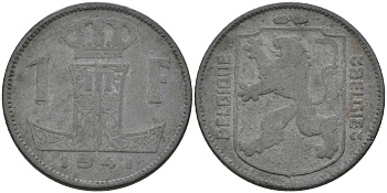 Бельгия 1 франк 1941 BELGIQUE-BELGIE, первый год, немецкая оккупация KM 127 цинк 4592-455