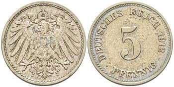 ГЕРМАНИЯ 5 ПФЕННИГОВ 1912 D KM 11, J. 12, Weege 6 медно-никель 206-1012