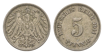Германия 5 пфеннигов 1914 F, Вильгельм II (1888-1918) KM 11, J.12 медно-никель 4644-1069