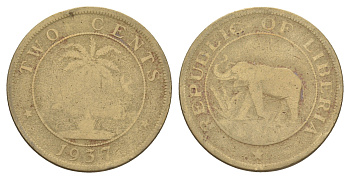 Либерия 2 цента 1937 KM 12 латунь 4641-1242