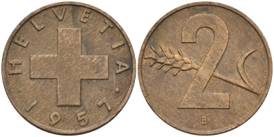 Швейцария 2 раппена 1957 В KM 47 бронза 4591-1146