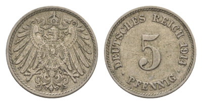 Германия 5 пфеннигов 1914 F, Вильгельм II (1888-1918) KM 11, J.12 медно-никель 4644-1069