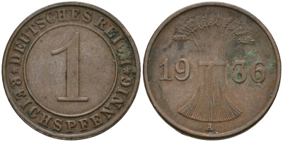 Германия 1 рейхспфенниг 1936 A KM 37, J. 313 бронза 4528-1068