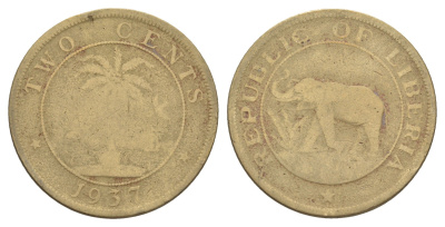 Либерия 2 цента 1937 KM 12 латунь 4641-1242