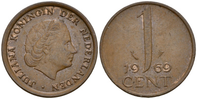 Нидерланды 1 цент 1969 Юлиана (1949-1980) vis KM 180 бронза    4598-253