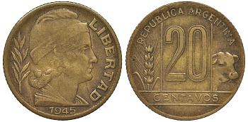 Аргентина 20 сентаво 1945 KM 42 алюминиевая бронза 4163-111