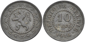 Бельгия 10 сантимов 1916 Германская оккупация Первая мировая война, ТОЧКА ДО И ПОСЛЕ ДАТЫ KM 81 цинк 190-732