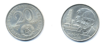 ГДР 20 марок 1979 A, 30 лет образования ГДР J. 1573, KM 75 медь никель цинк UNC 54-2543