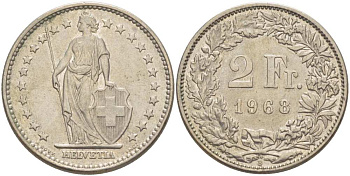 ШВЕЙЦАРИЯ 2 ФРАНКА 1968 В KM 21а.1 медно-никель 32-421