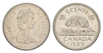 Канада 5 центов 1989 Елизавета II (1952-2022), бобр KM 60.2a медно-никель 4630-738